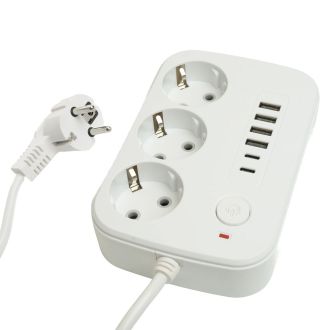 Удлинитель 3-местный c/з 3x1 мм2, 1,8 м, 250В, 10А, 4USB+2Type-C 2,4А, серия Home plus, белый STEKKER HM09-36-02, 49972