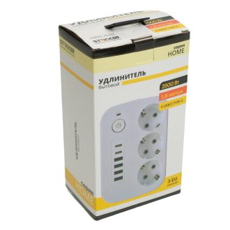 Удлинитель 3-местный c/з 3x1 мм2, 1,8 м, 250В, 10А, 4USB+2Type-C 2,4А, серия Home plus, белый STEKKER HM09-36-02, 49972