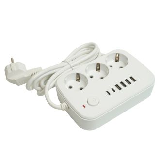 Удлинитель 3-местный c/з 3x1 мм2, 1,8 м, 250В, 10А, 4USB+2Type-C 2,4А, серия Home plus, белый STEKKER HM09-36-02, 49972