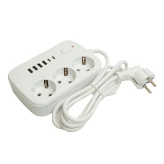 Удлинитель 3-местный c/з 3x1 мм2, 1,8 м, 250В, 10А, 4USB+2Type-C 2,4А, серия Home plus, белый STEKKER HM09-36-02, 49972