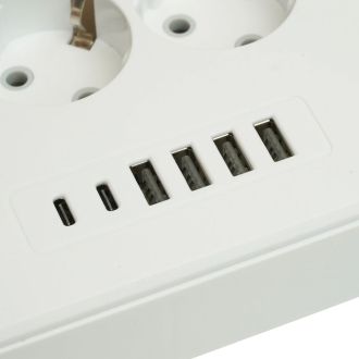 Удлинитель 3-местный c/з 3x1 мм2, 1,8 м, 250В, 10А, 4USB+2Type-C 2,4А, серия Home plus, белый STEKKER HM09-36-02, 49972