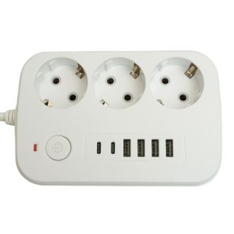 Удлинитель 3-местный c/з 3x1 мм2, 1,8 м, 250В, 10А, 4USB+2Type-C 2,4А, серия Home plus, белый STEKKER HM09-36-02, 49972