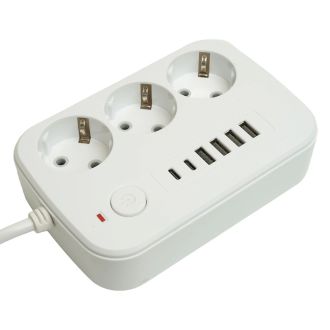 Удлинитель 3-местный c/з 3x1 мм2, 1,8 м, 250В, 10А, 4USB+2Type-C 2,4А, серия Home plus, белый STEKKER HM09-36-02, 49972