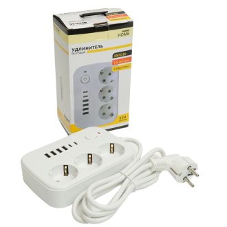 Удлинитель 3-местный c/з 3x1 мм2, 1,8 м, 250В, 10А, 4USB+2Type-C 2,4А, серия Home plus, белый STEKKER HM09-36-02, 49972