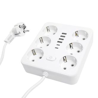 Удлинитель 6-местный c/з 3x1 мм2, 1,8 м, 250В, 10А, 4USB+2Type-C 2,4А, серия Home plus, белый STEKKER HM09-66-02, 49975
