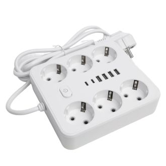 Удлинитель 6-местный c/з 3x1 мм2, 1,8 м, 250В, 10А, 4USB+2Type-C 2,4А, серия Home plus, белый STEKKER HM09-66-02, 49975