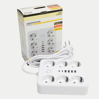 Удлинитель 6-местный c/з 3x1 мм2, 1,8 м, 250В, 10А, 4USB+2Type-C 2,4А, серия Home plus, белый STEKKER HM09-66-02, 49975