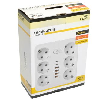 Удлинитель 6-местный c/з 3x1 мм2, 1,8 м, 250В, 10А, 4USB+2Type-C 2,4А, серия Home plus, белый STEKKER HM09-66-02, 49975