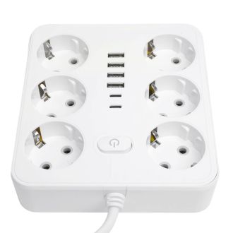Удлинитель 6-местный c/з 3x1 мм2, 1,8 м, 250В, 10А, 4USB+2Type-C 2,4А, серия Home plus, белый STEKKER HM09-66-02, 49975