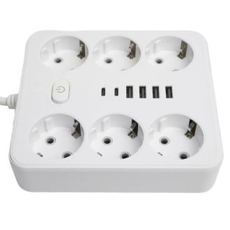 Удлинитель 6-местный c/з 3x1 мм2, 1,8 м, 250В, 10А, 4USB+2Type-C 2,4А, серия Home plus, белый STEKKER HM09-66-02, 49975