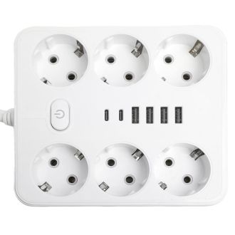 Удлинитель 6-местный c/з 3x1 мм2, 1,8 м, 250В, 10А, 4USB+2Type-C 2,4А, серия Home plus, белый STEKKER HM09-66-02, 49975