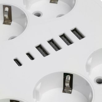 Удлинитель 6-местный c/з 3x1 мм2, 1,8 м, 250В, 10А, 4USB+2Type-C 2,4А, серия Home plus, белый STEKKER HM09-66-02, 49975