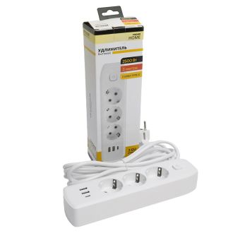 Удлинитель 3-местный c/з 3x1 мм2, 3 м, 250В, 10А, 2USB+1Type-C 2,4А, серия Home plus, белый STEKKER HM08-33-02, 49977
