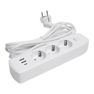 Удлинитель 3-местный c/з 3x1 мм2, 3 м, 250В, 10А, 2USB+1Type-C 2,4А, серия Home plus, белый STEKKER HM08-33-02, 49977