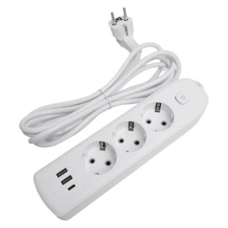 Удлинитель 3-местный c/з 3x1 мм2, 3 м, 250В, 10А, 2USB+1Type-C 2,4А, серия Home plus, белый STEKKER HM08-33-02, 49977
