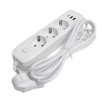 Удлинитель 3-местный c/з 3x1 мм2, 3 м, 250В, 10А, 2USB+1Type-C 2,4А, серия Home plus, белый STEKKER HM08-33-02, 49977