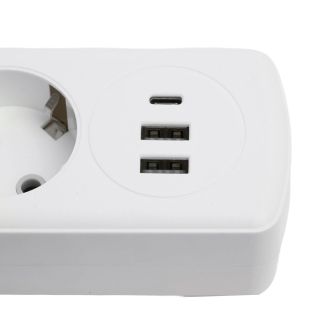 Удлинитель 3-местный c/з 3x1 мм2, 3 м, 250В, 10А, 2USB+1Type-C 2,4А, серия Home plus, белый STEKKER HM08-33-02, 49977