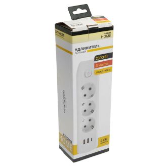 Удлинитель 3-местный c/з 3x1 мм2, 3 м, 250В, 10А, 2USB+1Type-C 2,4А, серия Home plus, белый STEKKER HM08-33-02, 49977
