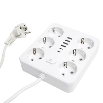 Удлинитель 6-местный c/з 3x1 мм2, 3 м, 250В, 10А, 4USB+2Type-C 2,4А, серия Home plus, белый STEKKER HM09-66-02, 49982