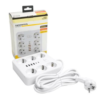 Удлинитель 6-местный c/з 3x1 мм2, 3 м, 250В, 10А, 4USB+2Type-C 2,4А, серия Home plus, белый STEKKER HM09-66-02, 49982