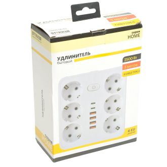 Удлинитель 6-местный c/з 3x1 мм2, 3 м, 250В, 10А, 4USB+2Type-C 2,4А, серия Home plus, белый STEKKER HM09-66-02, 49982