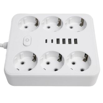Удлинитель 6-местный c/з 3x1 мм2, 3 м, 250В, 10А, 4USB+2Type-C 2,4А, серия Home plus, белый STEKKER HM09-66-02, 49982