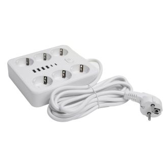 Удлинитель 6-местный c/з 3x1 мм2, 3 м, 250В, 10А, 4USB+2Type-C 2,4А, серия Home plus, белый STEKKER HM09-66-02, 49982