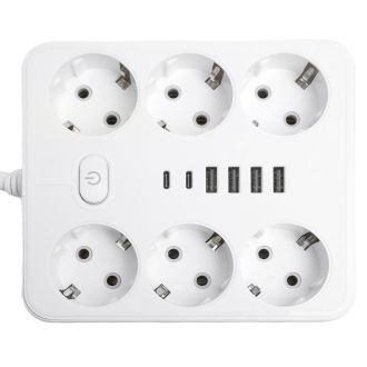 Удлинитель 6-местный c/з 3x1 мм2, 3 м, 250В, 10А, 4USB+2Type-C 2,4А, серия Home plus, белый STEKKER HM09-66-02, 49982
