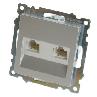 Розетка компьютерная 2-местная RJ-45 (механизм) STEKKER GLS00-7109-03, серия Катрин, серебро, 50005