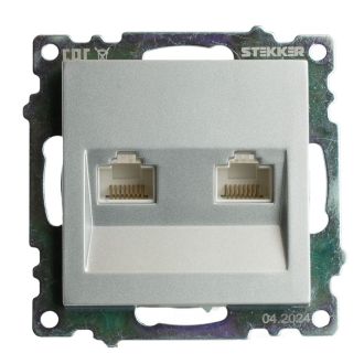Розетка компьютерная 2-местная RJ-45 (механизм) STEKKER GLS00-7109-03, серия Катрин, серебро, 50005