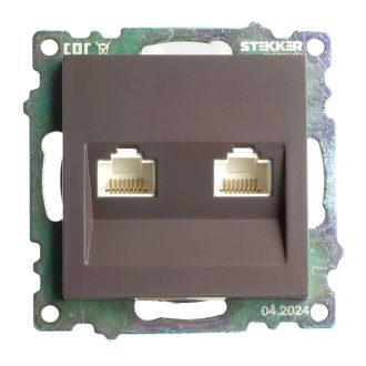 Розетка компьютерная 2-местная RJ-45 (механизм) STEKKER GLS00-7109-04, серия Катрин, шоколад, 50006