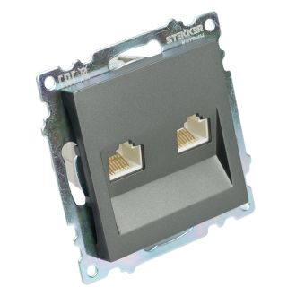 Розетка компьютерная 2-местная RJ-45 (механизм) STEKKER GLS00-7109-06, серия Катрин, графит, 50008