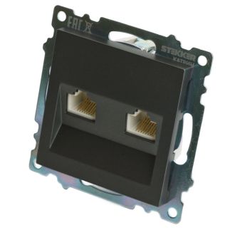 Розетка компьютерная 2-местная RJ-45 (механизм) STEKKER GLS00-7109-06, серия Катрин, графит, 50008