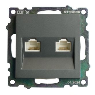 Розетка компьютерная 2-местная RJ-45 (механизм) STEKKER GLS00-7109-06, серия Катрин, графит, 50008
