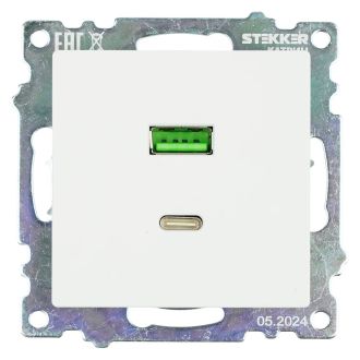 Розетка USB 2-местная + type C (механизм), STEKKER GLS10-7116-01, 250В, 3А, max 20W, серия Катрин, белый, 50051
