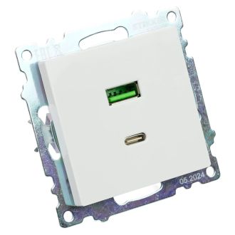 Розетка USB 2-местная + type C (механизм), STEKKER GLS10-7116-01, 250В, 3А, max 20W, серия Катрин, белый, 50051