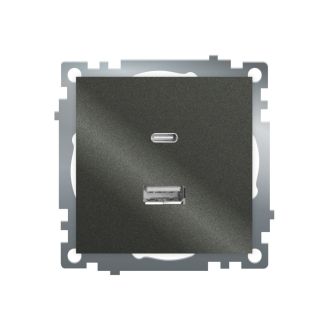 Розетка 2-местная USB + type C (механизм), 250В, 3А, max 20W, серия Катрин, графит, GLS10-7116-06, STEKKER, 50052