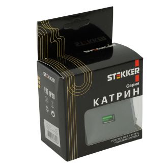 Розетка 2-местная USB + type C (механизм), 250В, 3А, max 20W, серия Катрин, графит, GLS10-7116-06, STEKKER, 50052