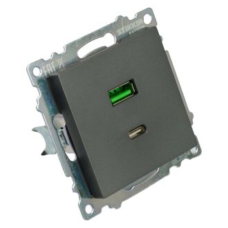 Розетка 2-местная USB + type C (механизм), 250В, 3А, max 20W, серия Катрин, графит, GLS10-7116-06, STEKKER, 50052