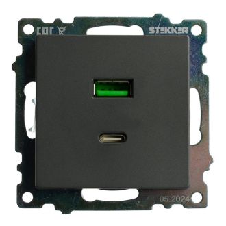 Розетка 2-местная USB + type C (механизм), 250В, 3А, max 20W, серия Катрин, графит, GLS10-7116-06, STEKKER, 50052