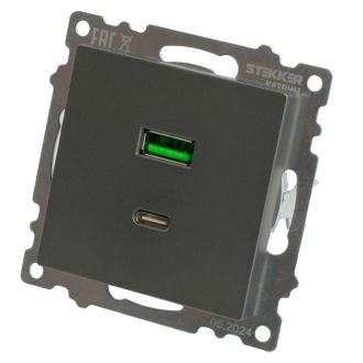 Розетка 2-местная USB + type C (механизм), 250В, 3А, max 20W, серия Катрин, графит, GLS10-7116-06, STEKKER, 50052