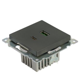 Розетка 2-местная USB + type C (механизм), 250В, 3А, max 20W, серия Катрин, графит, GLS10-7116-06, STEKKER, 50052