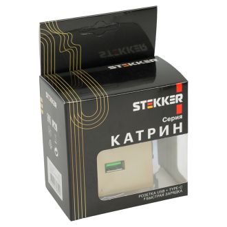 Розетка 2-местная USB + type C (механизм), 250В, 3А, max 20W, STEKKER, GLS10-7116-08, серия Катрин, золото, 50053