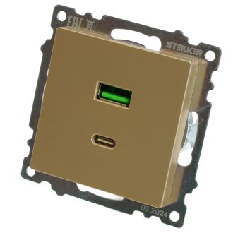 Розетка 2-местная USB + type C (механизм), 250В, 3А, max 20W, STEKKER, GLS10-7116-08, серия Катрин, золото, 50053