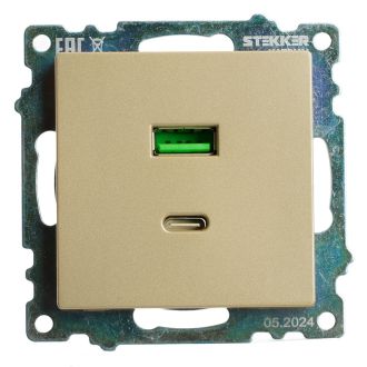 Розетка 2-местная USB + type C (механизм), 250В, 3А, max 20W, STEKKER, GLS10-7116-08, серия Катрин, золото, 50053