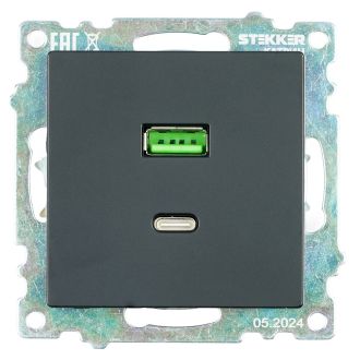 Розетка 2-местная USB + type C (механизм), STEKKER GLS10-7116-05, 250B, 3А, серия Катрин, черный, 50055