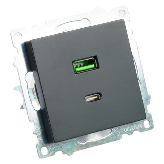 Розетка 2-местная USB + type C (механизм), STEKKER GLS10-7116-05, 250B, 3А, серия Катрин, черный, 50055