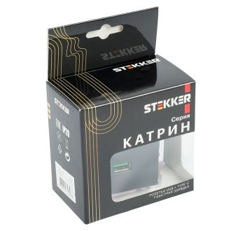 Розетка 2-местная USB + type C (механизм), STEKKER GLS10-7116-05, 250B, 3А, серия Катрин, черный, 50055