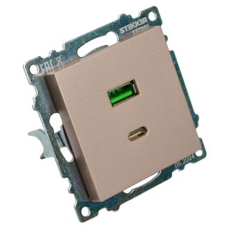 Розетка 2-местная USB + type C (механизм), STEKKER GLS10-7116-02, 250B, 3A, max 20W, серия Катрин, шампань, 50056