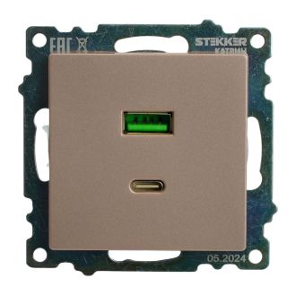 Розетка 2-местная USB + type C (механизм), STEKKER GLS10-7116-02, 250B, 3A, max 20W, серия Катрин, шампань, 50056